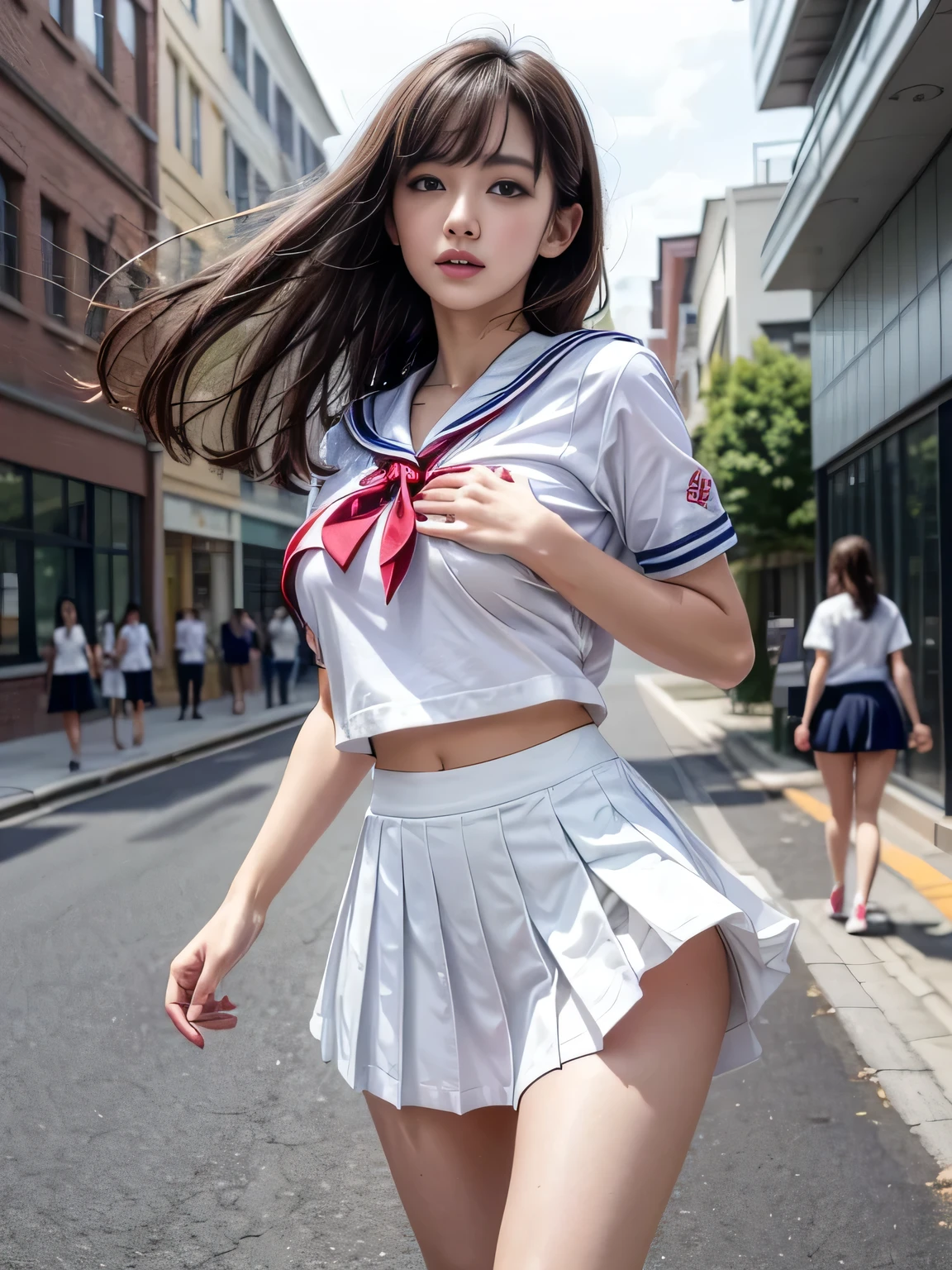 (Super realistic), (one example), (high resolution), (8K), (Very detailed), (The best one exampleneautiful detailed eyes), (best quality), (Very detailed), (masterpiece), Middle School, (Delicate face), Solitary, Sexy的 , Large Breasts,White wavy hair, Bicolor eyes, Long legs, Strong abs, Dynamic poses,mini skirt姿,Sailor Suit,A high school girl,Make underwear visible,Street style,Retrospective perspective,(Skirt fluttering in the wind,Hip-high skirt,)Various postures,mini skirt,Sexy,(((Lift up the skirt with your hands)))