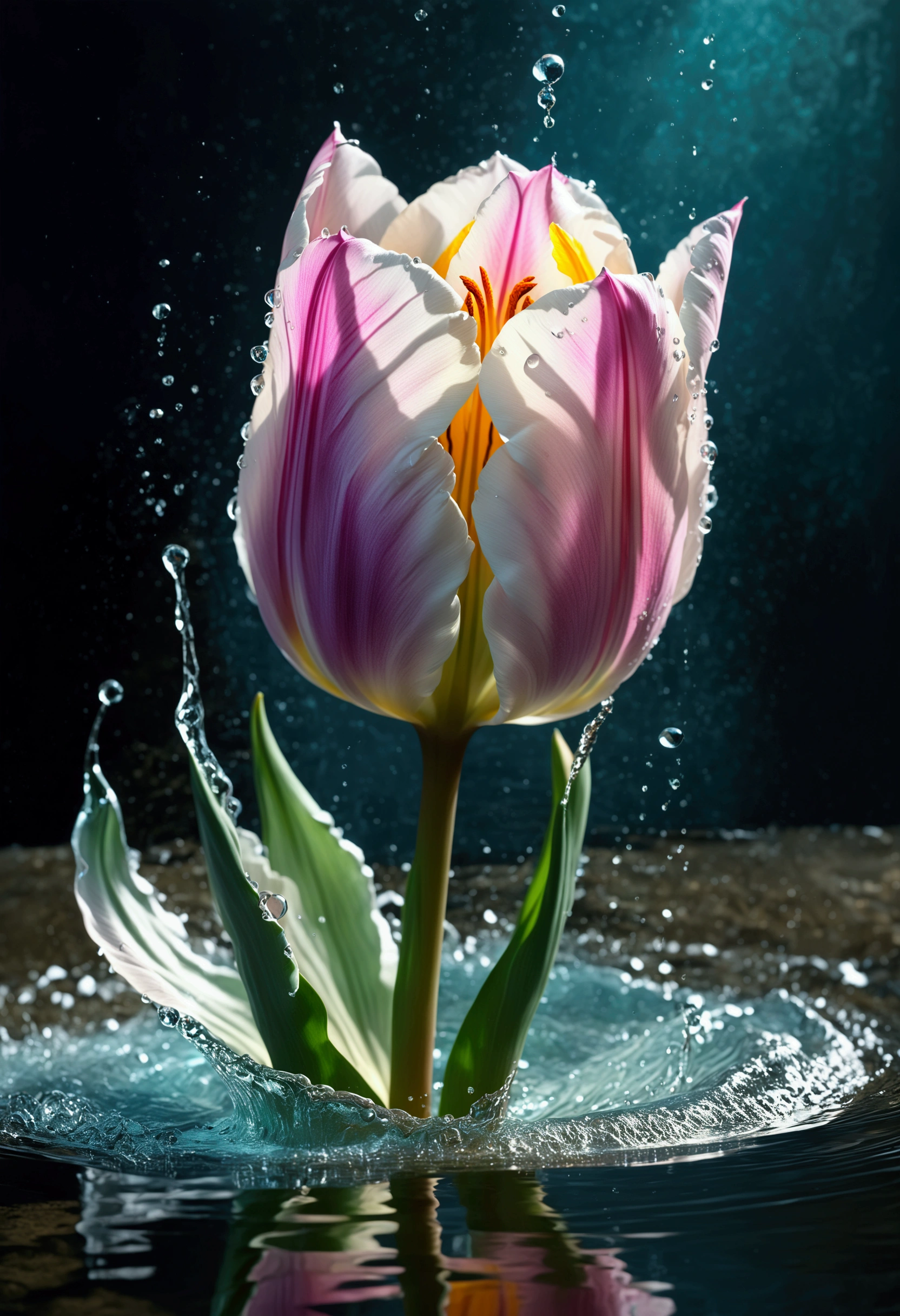 (((intricate detail:1.4))), (((extremely insane detail:1.4))),(((highest quality:1.3))), (((Soft colors 4k highly detailed digital art:1.3))). | Close up of delicate splash of water that forming into magical tulip, as splash of water reflect light, water reflect the magical tulip, each splash detailed and rendered with a masterful gouache technique,surrounded by mysterious atmosphere of light and shadow art, splash of water everywhere, great environment, subtly illuminate,fantasy art behance,surreal, its beauty and strength captured,It gives a majestic aura. Rendered in ultra-high definition with UHD and retina quality, this masterpiece ensures anatomical correctness and textured skin with super detail. With a focus on high quality and accuracy, this award-winning portrayal captures every nuance in stunning 16k resolution, immersing viewers in its lifelike depiction. | ((perfect_composition, perfect_design, perfect_layout, perfect_detail, ultra_detailed)), ((enhance_all, fix_everything)), More Detail, Enhance.