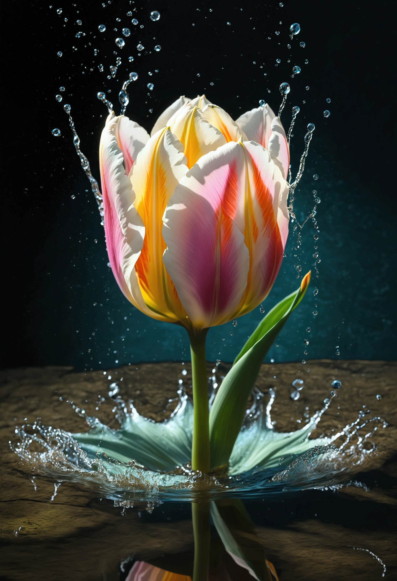 (((intricate detail:1.4))), (((extremely insane detail:1.4))),(((highest quality:1.3))), (((Soft colors 4k highly detailed digital art:1.3))). | Close up of delicate splash of water that forming into magical tulip, as splash of water reflect light, water reflect the magical tulip, each splash detailed and rendered with a masterful gouache technique,surrounded by mysterious atmosphere of light and shadow art, splash of water everywhere, great environment, subtly illuminate,fantasy art behance,surreal, its beauty and strength captured,It gives a majestic aura. Rendered in ultra-high definition with UHD and retina quality, this masterpiece ensures anatomical correctness and textured skin with super detail. With a focus on high quality and accuracy, this award-winning portrayal captures every nuance in stunning 16k resolution, immersing viewers in its lifelike depiction. | ((perfect_composition, perfect_design, perfect_layout, perfect_detail, ultra_detailed)), ((enhance_all, fix_everything)), More Detail, Enhance.