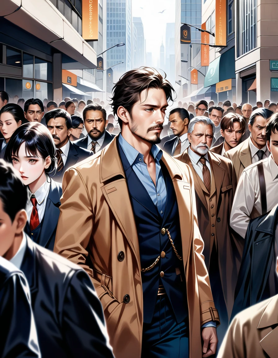 The skyline of the skyscrapers cut out the mosaic of the sky like pieces of a jigsaw puzzle. In the midst of the crowd of people, all of whom were indifferent and expressionless, his outdated attire, including his scruffy beard and tattered trench coat, stood out unexpectedly. A middle-aged private detective, with a sad look on his back, pushed his way through the crowd and hurried to his office., masterpiece, Realistic, raw photo, incredibly absurd resolution, absolute resolution, super high resolution,16k
