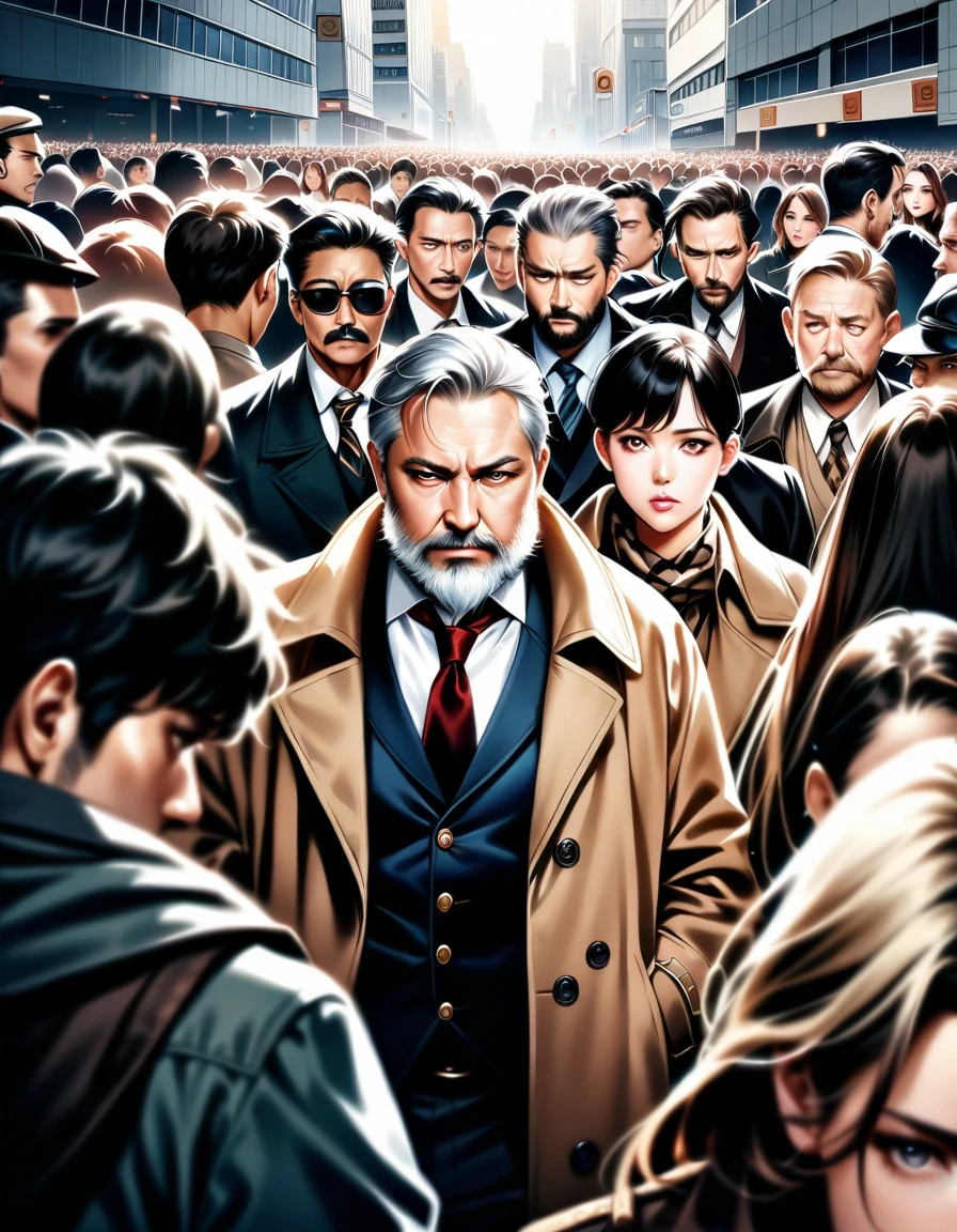 The skyline of the skyscrapers cut out the mosaic of the sky like pieces of a jigsaw puzzle. In the midst of the crowd of people, all of whom were indifferent and expressionless, his outdated attire, including his scruffy beard and tattered trench coat, stood out unexpectedly. A middle-aged private detective, with a sad look on his back, pushed his way through the crowd and hurried to his office., masterpiece, Realistic, raw photo, incredibly absurd resolution, absolute resolution, super high resolution,16k