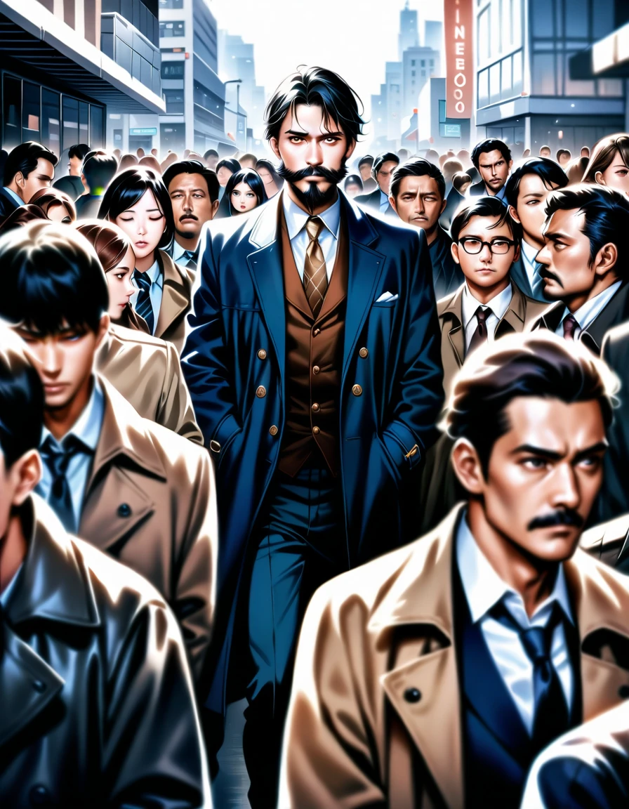 The skyline of the skyscrapers cut out the mosaic of the sky like pieces of a jigsaw puzzle. In the midst of the crowd of people, all of whom were indifferent and expressionless, his outdated attire, including his scruffy beard and tattered trench coat, stood out unexpectedly. A middle-aged private detective, with a sad look on his back, pushed his way through the crowd and hurried to his office., masterpiece, Realistic, raw photo, incredibly absurd resolution, absolute resolution, super high resolution,16k