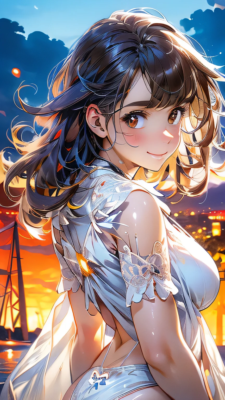 (masterpiece:1.2, Highest quality), (Realistic, photoRealistic:1.4), Beautiful illustrations, (Natural Side Lighting, Cinema Lighting), ((Very big butt))
View your viewers, 1 girl, Japanese, Junior high school girl, s old, Perfect Face, cute and symmetrical face, Glowing Skin, thin,
(Mid-length hair:1.2, Half Up:1.4, Light brown hair), Asymmetrical bangs, Brown eyes, Long eyelashes, (Mid-chest:0.7),
Beautiful Hair, Beautiful Face, Beautiful details, Beautiful clavicle, Beautiful body, Beautiful fingers, (((Panties are visible))) ((Very large saggy tits)), ((In underwear、White lace underwear))((Fullback panties))Underarm , Slightly , Very large breasts, Full body angle, 14 yearman , Thick thighs
((Detailed cloth texture)),
(Beautiful views), evening, (River side), Are standing, (cute, cute smile, Upward glance),