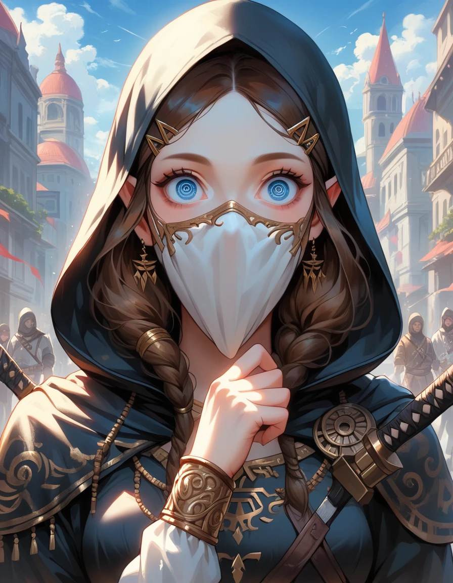 A full-body shot of Princess Zelda, brown hair, blue eyes, dressed as an Assassin from Assassins Creed, in white+gold witha white mask and hood with gold details, XL bust, using a wrist blade. Background: A city during the renaissance period. Unreal Engine 5, Anime, Anime style, Masterpiece, Well drawn eyes, well drawn face, well detailed eyes, well detailed face, 8k, light and shadow effect.