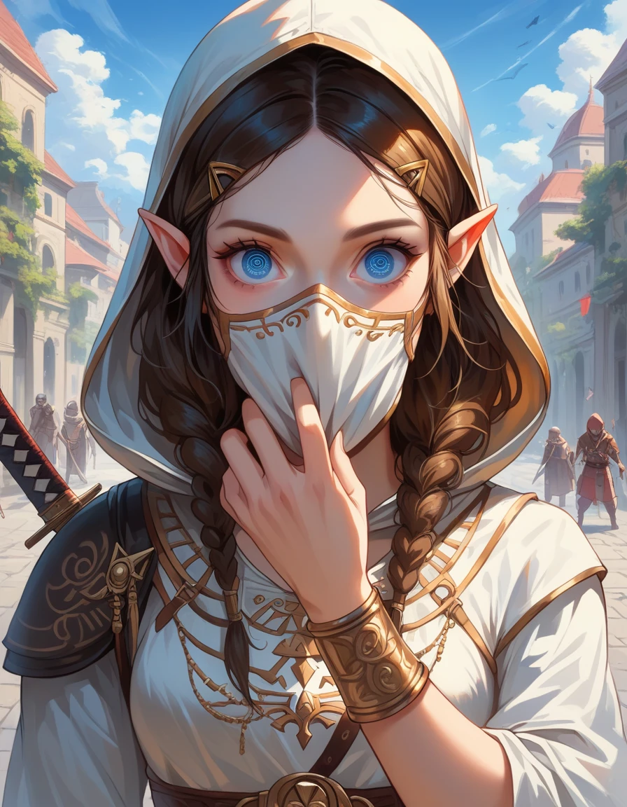 A full-body shot of Princess Zelda, brown hair, blue eyes, dressed as an Assassin from Assassins Creed, in white+gold witha white mask and hood with gold details, XL bust, using a wrist blade. Background: A city during the renaissance period. Unreal Engine 5, Anime, Anime style, Masterpiece, Well drawn eyes, well drawn face, well detailed eyes, well detailed face, 8k, light and shadow effect.