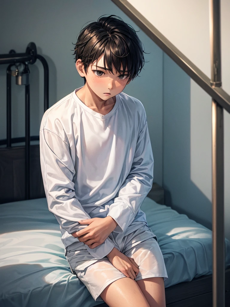 14 years old boy inside a ((prison cell)) wearing ((white long sleeved shirts)) ((white shorts)) sitting in a ((bed)) feeling ((ashamed)) 