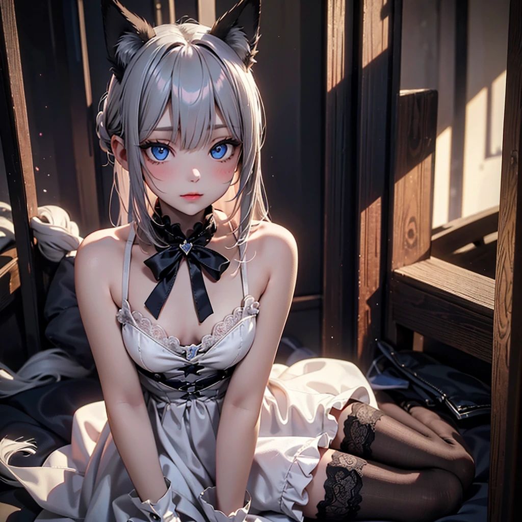 silver hair, dog ears, white dress,wavy hair,delicate features quiet gaze,beautiful half body illustration,beautiful backgraund,atmospheric lighting,sharp focus,vlumetric lighting,cute face,reduce saturation,fine detailed face,small nose and mouth,volumetric top lighting,bold line painting, soft shadow,((masterpiece, best quality)), (1girl), (solo), (female focus),small breasts,flat tits,ta,short height,skinny girl,blue eyes,open legs,animal ears,