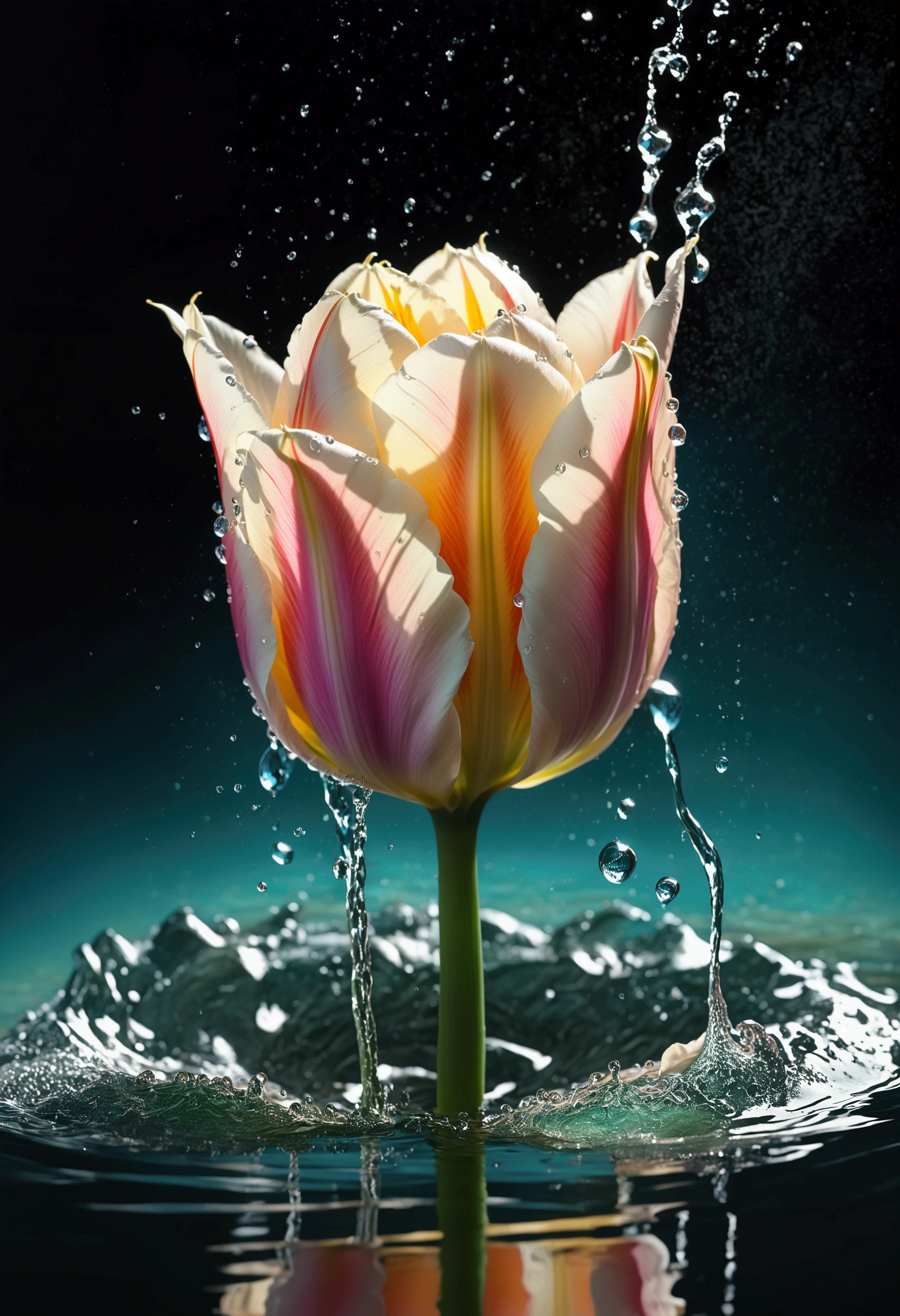 (((intricate detail:1.4))), (((extremely insane detail:1.4))),(((highest quality:1.3))), (((Soft colors 4k highly detailed digital art:1.3))). | Close up of delicate splash of water that forming into magical crystal tulip, as splash of water reflect light, water reflect the magical crystal tulip, each splash detailed and rendered with a masterful gouache technique,surrounded by mysterious atmosphere of light and shadow art, splash of water everywhere, great environment, subtly illuminate,fantasy art behance,surreal, its beauty and strength captured,It gives a majestic aura. Rendered in ultra-high definition with UHD and retina quality, this masterpiece ensures anatomical correctness and textured skin with super detail. With a focus on high quality and accuracy, this award-winning portrayal captures every nuance in stunning 16k resolution, immersing viewers in its lifelike depiction. | ((perfect_composition, perfect_design, perfect_layout, perfect_detail, ultra_detailed)), ((enhance_all, fix_everything)), More Detail, Enhance.