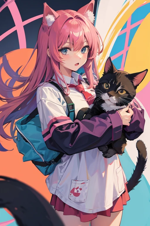 Drawing of a girl with a ponytail and a cat with a cat&#39;s head, She has dwarf ears and golden eyes, In anime style, صورة In anime style, Semi-realistic anime style, Anime style flat shading, face anime picture, anime picture, Made by anime artist studio, Anime girl picture, Drawn in anime artist studio, In anime style, Anime character picture