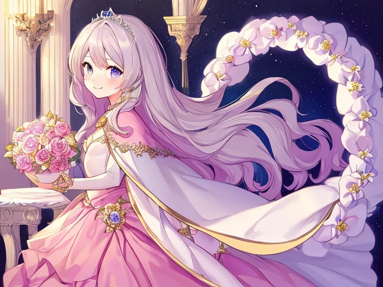 (best quality),(rococo style),(long train pastel pink cape:1.15), very long cape,(long train white ball gown with flower decorations:1.1), a girl is wearing a cape over her gown, 1 little princess, tiara, smile, very long hair, small breasts, looking at viewer