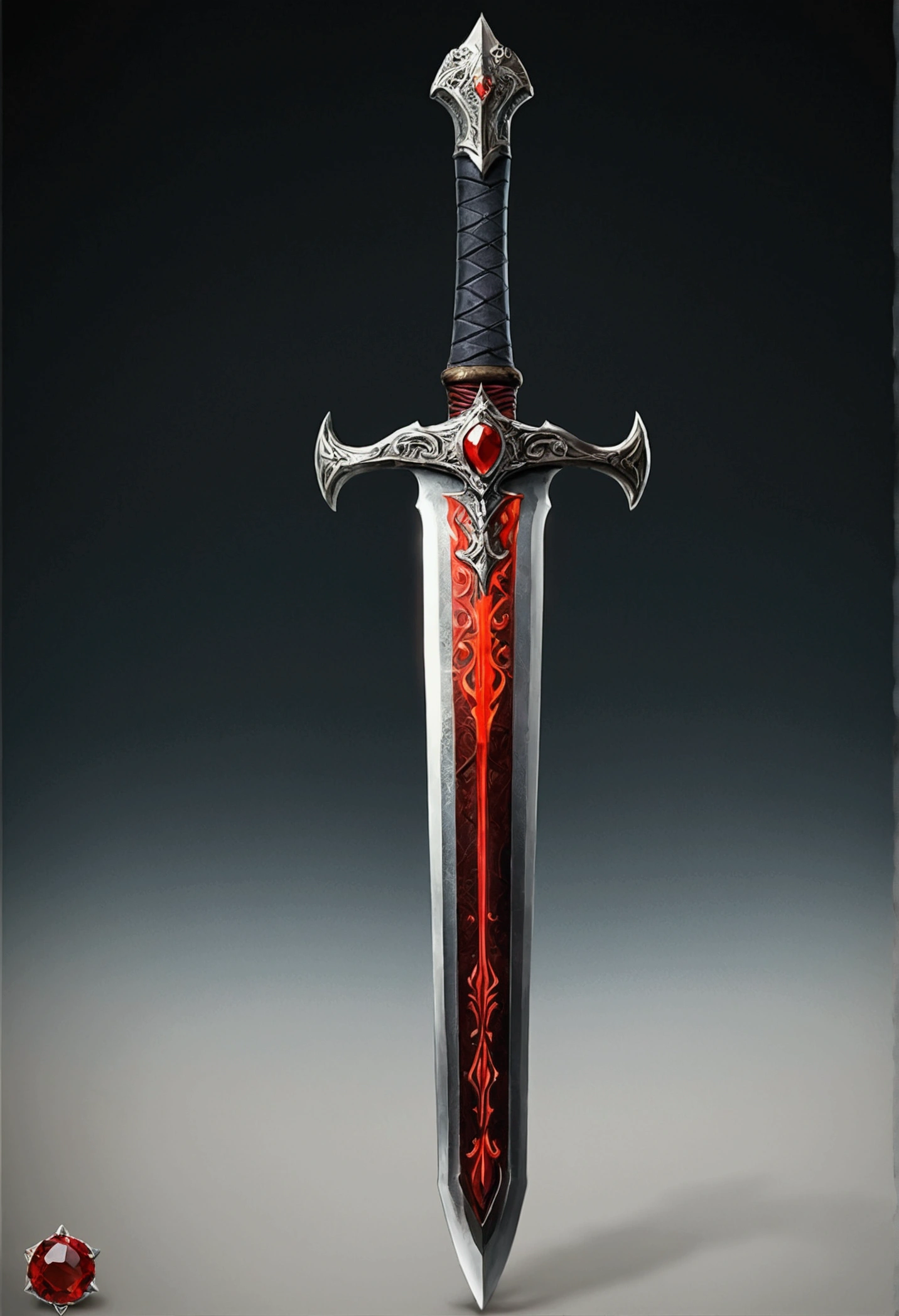 A legendary greatsword with fiery details, red blade, There is a red gem in the fist