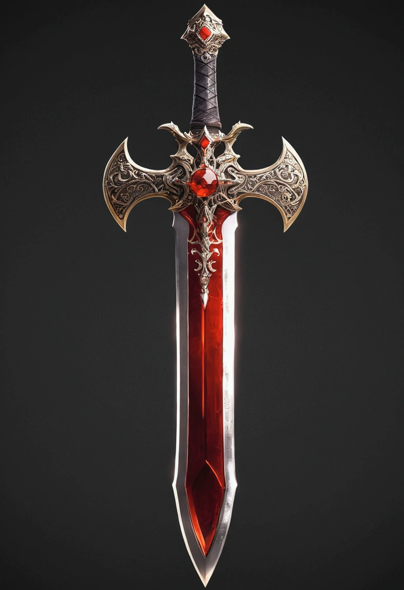 A legendary greatsword with fiery details, red blade, There is a red gem in the fist