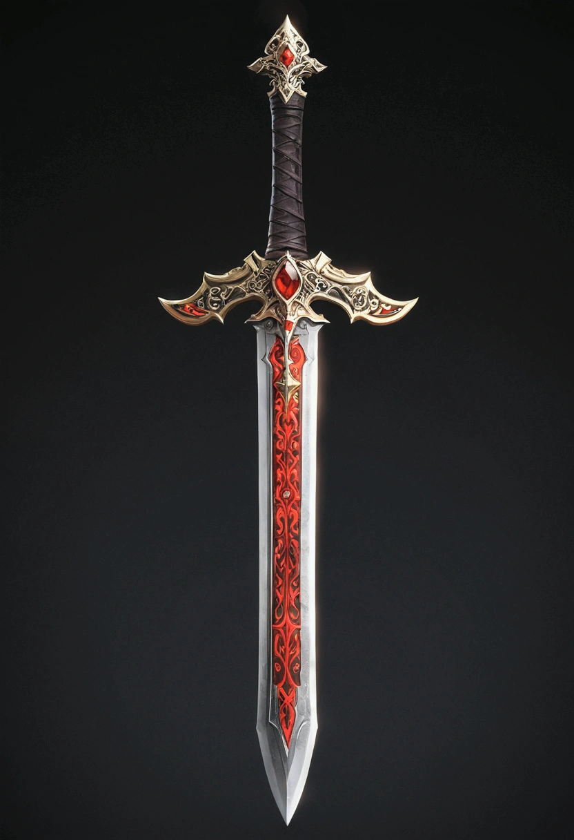 A legendary greatsword with fiery details, red blade, There is a red gem in the fist