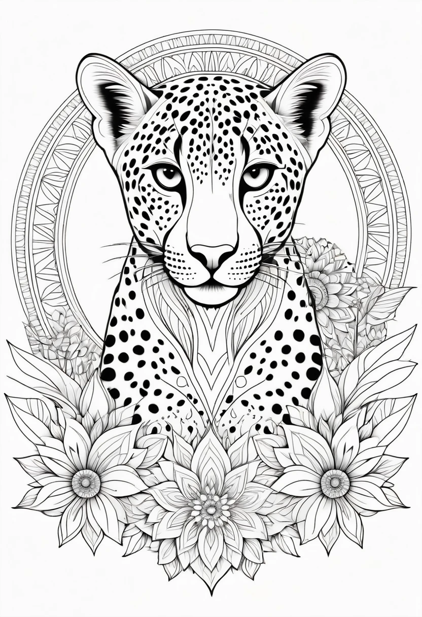 Impressive black and white line art coloring page designed for adults with white background, A majestic cheetah depicted in a mandala style , The cheetah is decorated with intricate patterns, including flowers and geometric shapes., A fascinating and detailed work of art. The figure focuses on crisp,Clean lines and bold outlines, No shading or color, Fantasy, Magic, Mysterious, Unusual, Wavy line, Realistic line drawing, Coloring page , Noiseless, Sharp thick lines, Sketch Art, Centered Image, Isolated on a white background, Allowing users to bring their own unique vibrancy to their creations. Minimalist design, Thick lines and lack of background detail, Calm your mind、We create engaging coloring experiences for adults looking for creative activity.. figure