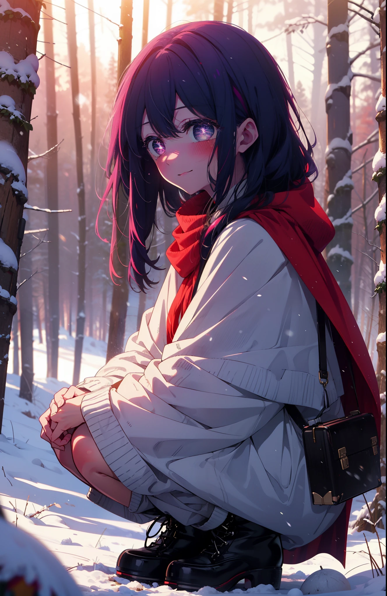 aihoshino, Ai Hoshino, Long Hair, bangs, (Purple eyes:1.1), Purple Hair, (Symbol-shaped pupil:1.5), smile,,smile,blush,white breath,
Open your mouth,snow,Ground bonfire, Outdoor, boots, snowing, From the side, wood, suitcase, Cape, Blurred, , forest, White handbag, nature,  Squat, Mouth closed, Cape, winter, Written boundary depth, Black shoes, red Cape break looking at viewer, Upper Body, whole body, break Outdoor, forest, nature, break (masterpiece:1.2), Highest quality, High resolution, unity 8k wallpaper, (shape:0.8), (Beautiful and beautiful eyes:1.6), Highly detailed face, Perfect lighting, Highly detailed CG, (Perfect hands, Perfect Anatomy),