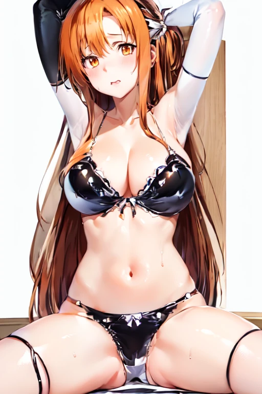 White Micro Bikini, lying back on、Open legs、1girl in, The human, hugetits, (masterpiece, beste-Qualit), beautiful-detailed eyes, Eyes roll, put out the tongue, Ejaculation with the tongue, Crazy, open open mouth, shout out, Ahegao, Heavy breathing, red blush, perspiring, Lexia Von Alceria