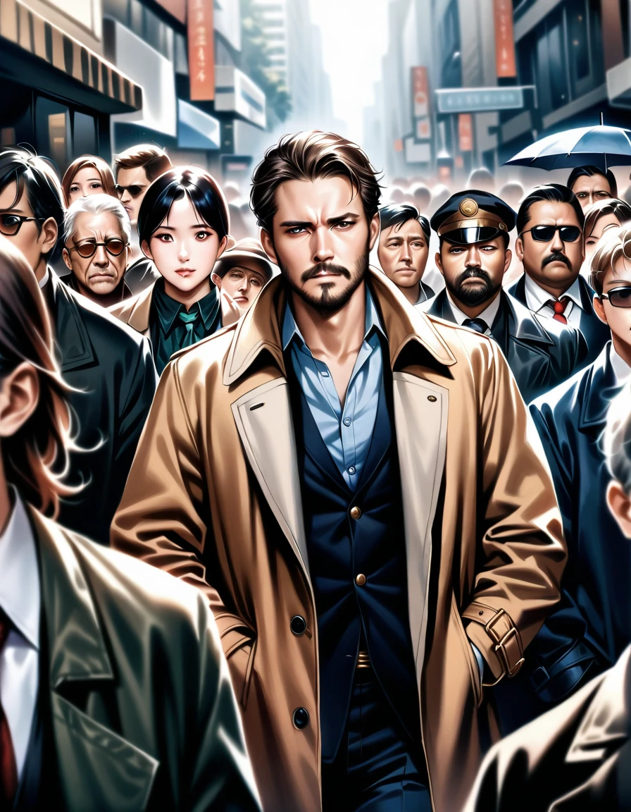 The skyscrapers cut out the mosaic of the sky like pieces of a jigsaw puzzle. In the midst of the crowd of people, everyone was indifferent and expressionless, and his outdated attire, such as scruffy beard and tattered trench coat, stood out unexpectedly. A middle-aged private detective with a sad look on his back, put his hands in his coat pockets, shrugged his shoulders, pushed his way through the crowd and hurried to the office., masterpiece, Realistic, raw photo, incredibly absurd resolution, absolute resolution, super high resolution,16k