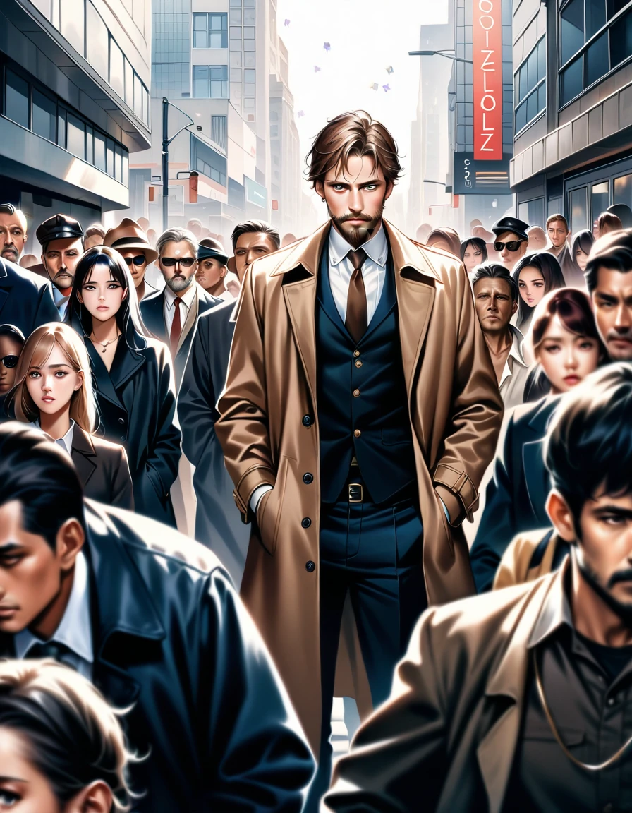The skyscrapers cut out the mosaic of the sky like pieces of a jigsaw puzzle. In the midst of the crowd of people, everyone was indifferent and expressionless, and his outdated attire, such as scruffy beard and tattered trench coat, stood out unexpectedly. A middle-aged private detective with a sad look on his back, put his hands in his coat pockets, shrugged his shoulders, pushed his way through the crowd and hurried to the office., masterpiece, Realistic, raw photo, incredibly absurd resolution, absolute resolution, super high resolution,16k