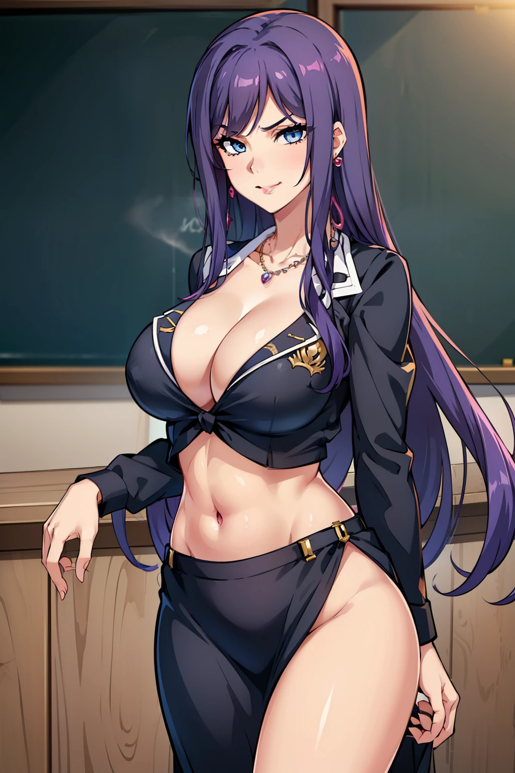 jewelry,gem, necklace, 
blue eyes, purple hair,long hair,Bangs,
long hair, lipstick, smile, Hot girl, baddie, staring, glaring, bad attitude, mean girl, dare, angry, hate, crazy, smoking, sensual, attractive, masterpiece, best quality, ((unbuttoned school uniform, cleavage, necklace, earrings, sexy body,
breasts)) , micro skirt, smiling, navel , exposed belly, exposed navel,,school,
classroom , hold a gun,knot, holding pistol