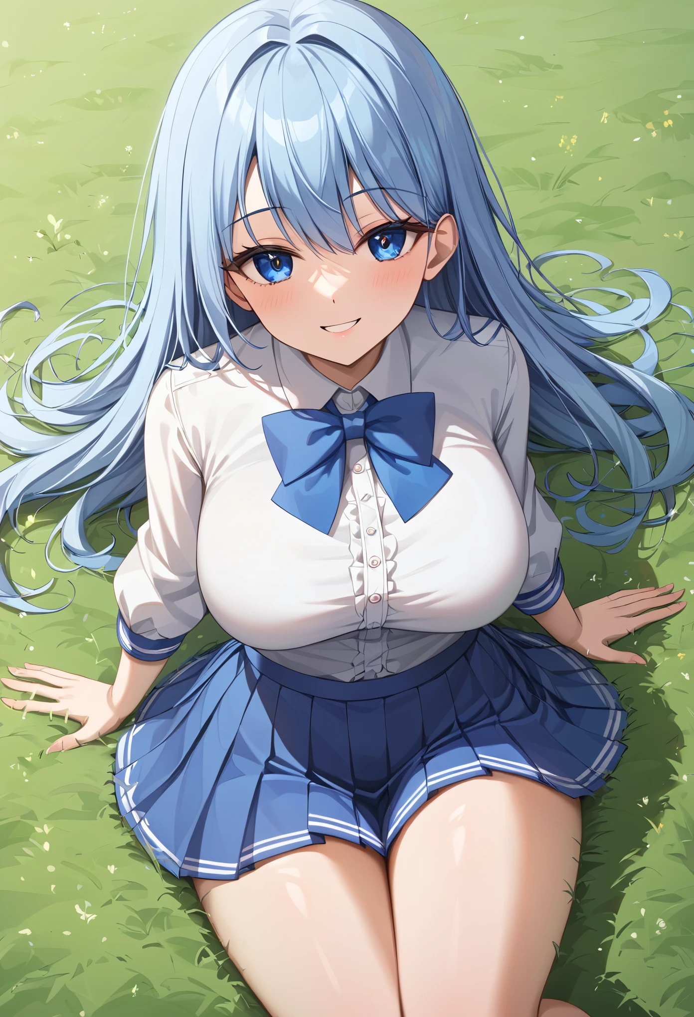 1 girl, ((Girl is curvy, beautiful and tall)), ((Girl has long silver blue ombre hair)), ((blue eyes)), ((Girl wears long sleeved white blouse, blue bowtie, short blue pleated skirt)), ((Grass yard)), looking at viewer, smiling warmly, 8k, masterpiece, ray tracing, best quality, detailed eyes, (SuperQuality:1.0) ~ (SuperQuality:1.2)