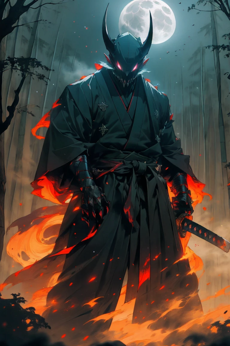 (detailed horned mask:1.2),(dark,devil) atmosphere,(mysterious,ominous,sandy) texture,1 demonic character,sharp teeth,Bright red eyes,long sharp horns,Pale skin,black claws,overgrown dark forest,ominous moonlight,dense fog,creepy atmosphere,blood red color scheme,haunting shadows,spooky fog,horror genre,nightmarish,dynamic lighting,high contrast,ethereal feeling,vivid colors better quality,ultra detailed),dark,wet,artificial raindrops falling,ancient japanese warrior standing in the rain,japanese traditional bamboo hat(fail),dense forest landscape,majestic and serene nature,full moon shining brightly in the night sky,black kimono with fluorescent red stripes that glow in the moonlight,samurai sword sharpened and drawn(katana),