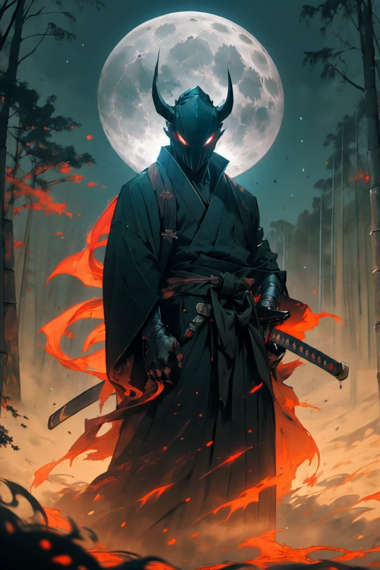 (detailed horned mask:1.2),(dark,devil) atmosphere,(mysterious,ominous,sandy) texture,1 demonic character,sharp teeth,Bright red eyes,long sharp horns,Pale skin,black claws,overgrown dark forest,ominous moonlight,dense fog,creepy atmosphere,blood red color scheme,haunting shadows,spooky fog,horror genre,nightmarish,dynamic lighting,high contrast,ethereal feeling,vivid colors better quality,ultra detailed),dark,wet,artificial raindrops falling,ancient japanese warrior standing in the rain,japanese traditional bamboo hat(fail),dense forest landscape,majestic and serene nature,full moon shining brightly in the night sky,black kimono with fluorescent red stripes that glow in the moonlight,samurai sword sharpened and drawn(katana),