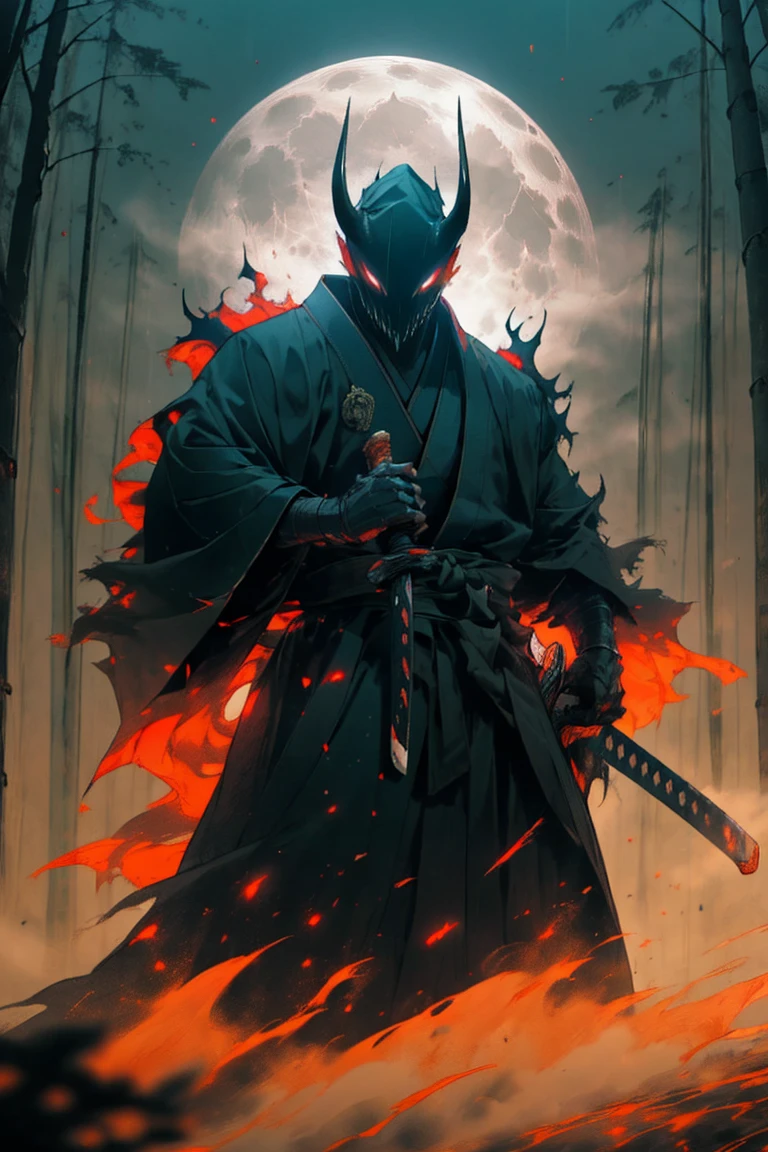 (detailed horned mask:1.2),(dark,devil) atmosphere,(mysterious,ominous,sandy) texture,1 demonic character,sharp teeth,Bright red eyes,long sharp horns,Pale skin,black claws,overgrown dark forest,ominous moonlight,dense fog,creepy atmosphere,blood red color scheme,haunting shadows,spooky fog,horror genre,nightmarish,dynamic lighting,high contrast,ethereal feeling,vivid colors better quality,ultra detailed),dark,wet,artificial raindrops falling,ancient japanese warrior standing in the rain,japanese traditional bamboo hat(fail),dense forest landscape,majestic and serene nature,full moon shining brightly in the night sky,black kimono with fluorescent red stripes that glow in the moonlight,samurai sword sharpened and drawn(katana),
