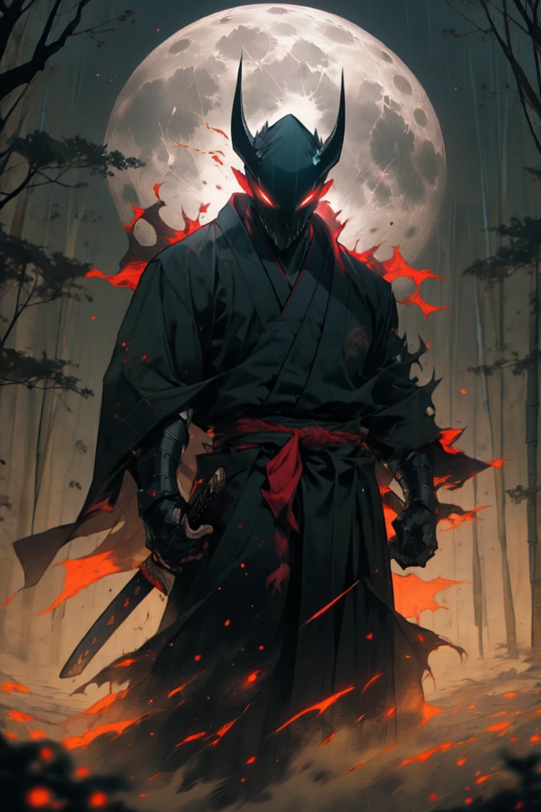 (detailed horned mask:1.2),(dark,devil) atmosphere,(mysterious,ominous,sandy) texture,1 demonic character,sharp teeth,Bright red eyes,long sharp horns,Pale skin,black claws,overgrown dark forest,ominous moonlight,dense fog,creepy atmosphere,blood red color scheme,haunting shadows,spooky fog,horror genre,nightmarish,dynamic lighting,high contrast,ethereal feeling,vivid colors better quality,ultra detailed),dark,wet,artificial raindrops falling,ancient japanese warrior standing in the rain,japanese traditional bamboo hat(fail),dense forest landscape,majestic and serene nature,full moon shining brightly in the night sky,black kimono with fluorescent red stripes that glow in the moonlight,samurai sword sharpened and drawn(katana),