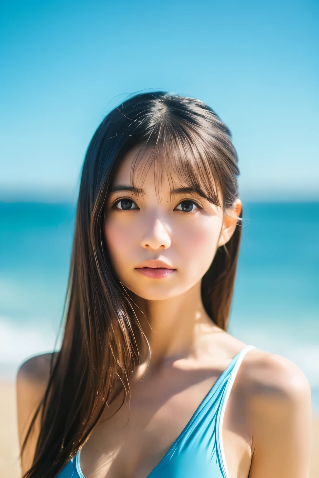 8k, highest quality, masterpiece, super high resolution, (realistic:1.4), RAW Photos, (Film Grain:1.3), One Girl, portrait of a skinny Japanese woman, 30 years old, standing on the beach, a cute face, detailed face, detailed eyes, {short|long} hair, correct body anatomy, wearing a colorful swimsuit, photogravure