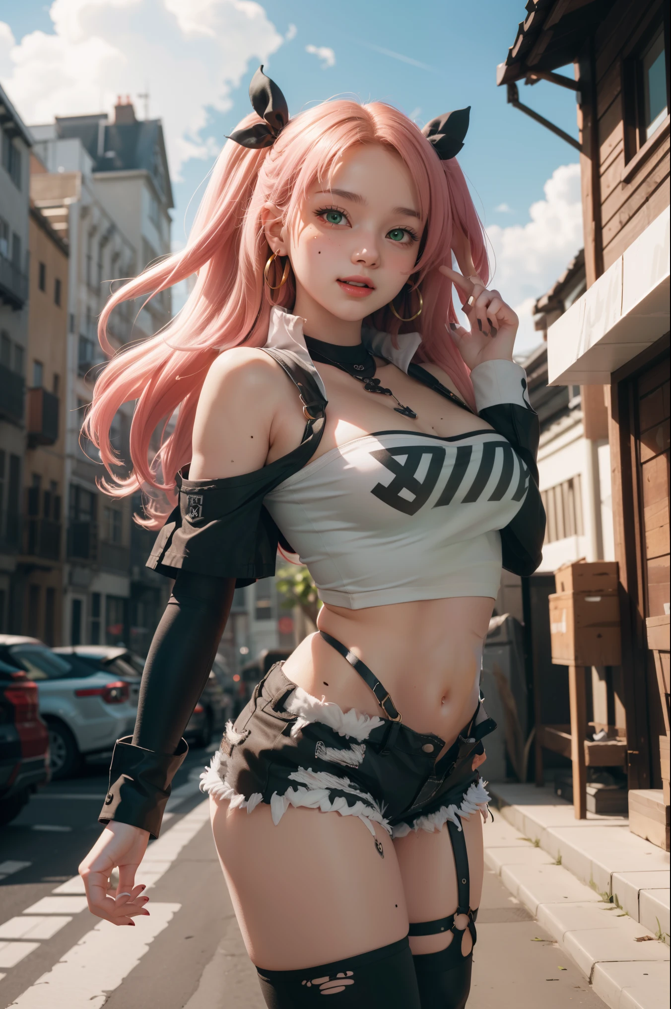 nicoledemara, nicole demara, (green eyes:1.5), pink hair, hair ornament, hair ribbon, hairclip, long hair, mole, mole on breast, mole on thigh, mole under eye, two side up, ribbon, smirk, smile, open mouth,
BREAK black footwear, black ribbon, black shorts, black socks, black thighhighs, boots, cleavage, crop top, earrings, jewelry, kneehighs, nail polish, necklace, o-ring, short shorts, shorts, single kneehigh, single sock, single thighhigh, socks, thigh strap, thighhighs, torn clothes, two side up,
BREAK outdoors, city, sky, clouds, sun, buildings, crowd, people, alley,
BREAK looking at viewer, (cowboy shot:1.5),
BREAK (masterpiece:1.2), best quality, high resolution, unity 8k wallpaper, (illustration:0.8), (beautiful detailed eyes:1.6), extremely detailed face, perfect lighting, extremely detailed CG, (perfect hands, perfect anatomy),