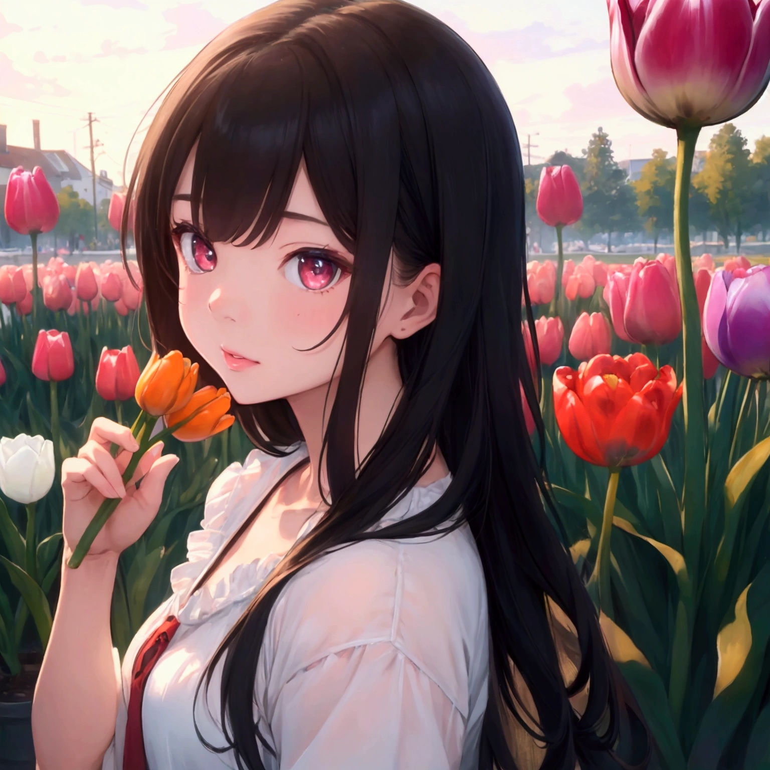masterpiece, best quality, 8k, high detail, 1girl, holding Tulip, detailed,photorealistic,high quality,macro photography,vibrant colors,sharp focus,HDR,natural lighting,organic textures,glossy surface,juicy,ripe,fresh,realistic,studio lighting,