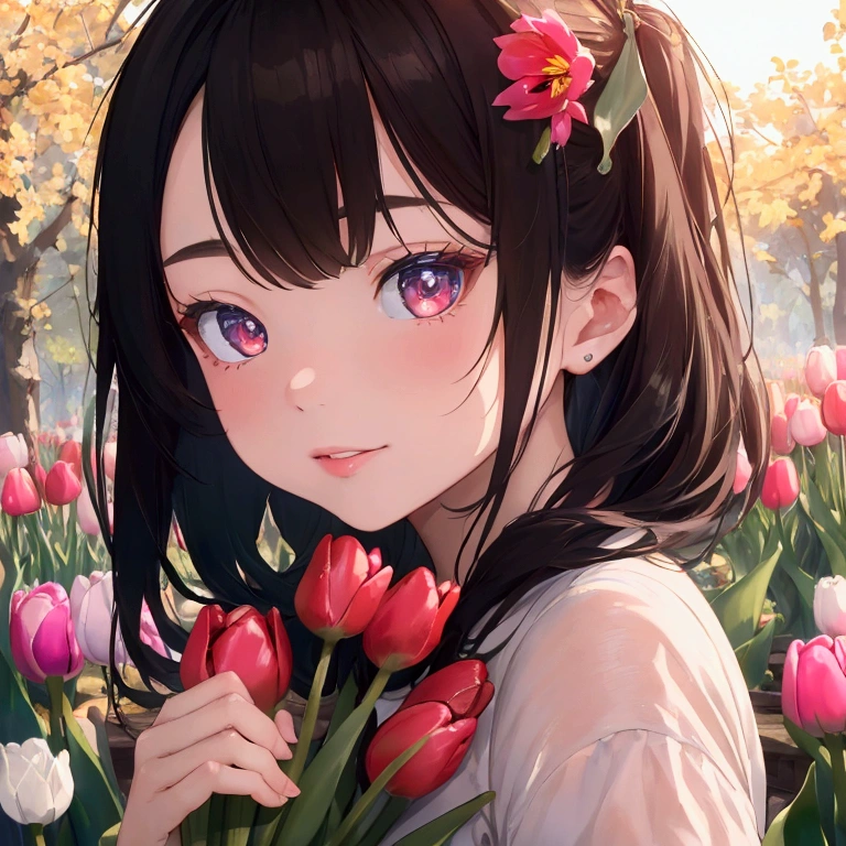 masterpiece, best quality, 8k, high detail, 1girl, holding Tulip, detailed,photorealistic,high quality,macro photography,vibrant colors,sharp focus,HDR,natural lighting,organic textures,glossy surface,juicy,ripe,fresh,realistic,studio lighting,