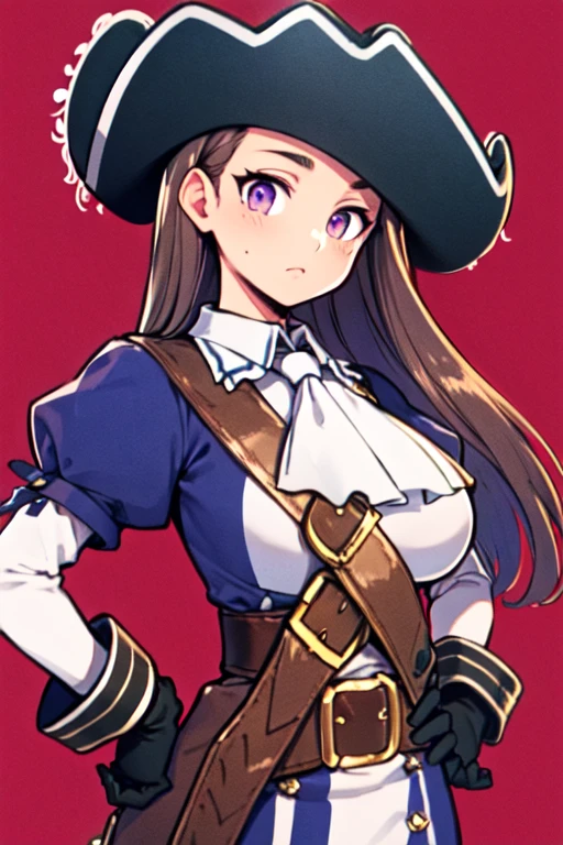 masterpiece, high res, detailed face, detailed eyes, solo, big breasts, brown hair. Purple eyes, long hair, (purple uniform), (white ascot), belt, (black wide-brim musketeer hat), red plume, (white collar), (black gloves), simple background, blurry background, cowboy shot  