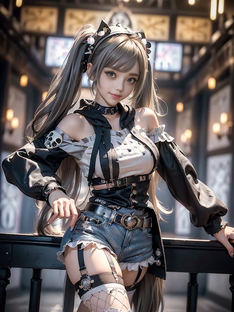 (Full Body View:1.2)、(Beautiful lips and nose:1.5)、(Side view:1.1)、(Smiling with teeth showing:1.3),(Fashion Model:1.5)、(Gothic Lolita battle uniform with delicate decoration:1.5)、(White off-shoulder hoodie:1.5)、(black, Silver and white shorts:1.4)、(denim garter belt:1.5)、(black and denim knee socks:1.3)、(Skull Silver Accessories:1.5)、(Lace Color:1.3)、(Brown Skin Belt:1.4)、(Brown boots:1.2)、(Polka dots on underwear:1.4)、23 years old、((Highest quality、In 8K、masterpiece:1.3))、Sharp focus:1.2、(Layered Cut、Huge boobs:1.1),Beautiful woman with perfect figure:1.4、(Dance vigorously:1.3)、Slim Abs:1.2、Highly detailed face and skin texture、Detailed eyes、double eyelid,(Twin tails:1.3)、(Brownish golden hair:1.3)、Idol Sculpture、(The background is a gorgeous dance hall.:1.3)、(The body is slim:1.2),(Slimming your legs:1.4),(clavicle:1.1)