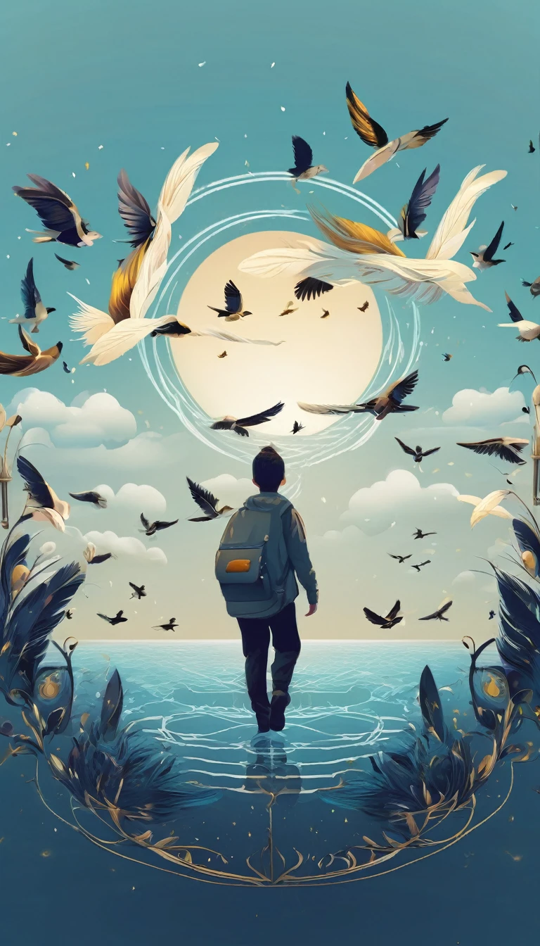 Create a professional, fantastic, cinematic dream-like logo design for a brand about music, stories, fantasy, memories and dreams called " Penamemoria". Masterpiece, 4k, sharp focus, highest quality,wide shot. The title is " Penamemoria". Is a brand about the creative, unique creative journey of a boy and a feather of memories. Minimalistic, simple, poetic, dreamy logo design at the center of the image. The Background image is a world full of feathers, unique birds, light blue sky, soft white and golden. Logo design of a unique, creative, masterpiece feather of memories