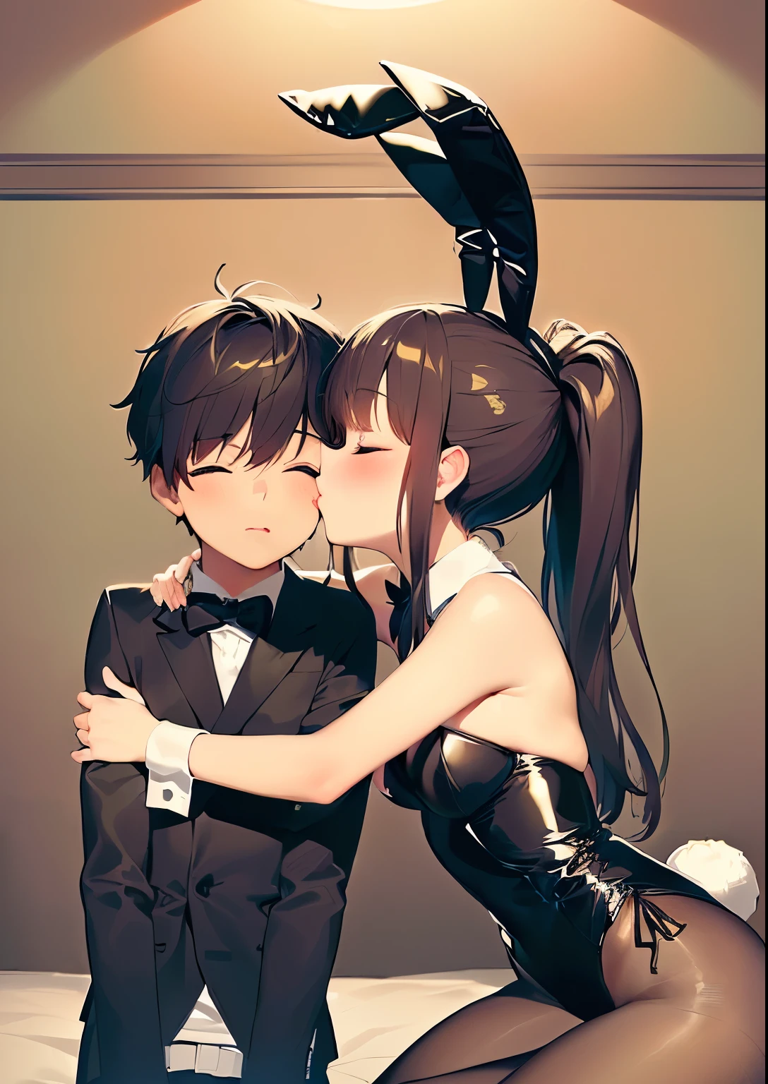 1boy, 1girl, shota, kissing cheek, playboy bunny, puckered lips, lips, closed mouth, closed eyes, masterpiece, best quality, absurdres, girl kissing boy on cheek, dynamic lighting, lighting effect