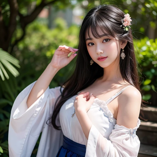 best quality, Delicate face,beautiful visual work, lifelike, eternity, black hair, Long curly hair, blunt bangs, Smile, Detailed Background, Delicate face,blush,cold,((masterpiece))、(top quality)、8k、high detail、Super detailed,21 years old female,身穿唐制Hanfu、waist skirt, Clothes are light and fluffy,Hanfu, wide sleeves, Tunic, Clothes made of chiffon, Seductive and whimsical style、masterpiece、born、Scenes resembling fairy tale illustrations、intricate details和複雜的設計、Beautifully、magic、capricious、 Beautifully、Dream aesthetics、「𝓡𝓸𝓶𝓪𝓷𝓽𝓲𝓬、ethereal、charming、fickle、magic」、realism、Visual effects、FXAA、SSAO、Shader、voiceless、ambient lighting、Tone mapping、High resolution、Ultra high quality、Million pixels、(8K resolution:1.10)、8k、8k以下、8K resolution、high detail、intricate details, (high quality:1.2、masterpiece:1.2、:1.21)、(21 years old female:1.21)、(興奮地Smile)、(被dream般的氛圍所包圍、Model diagram,full-body shot,Normal 2 feet,Cross your hands and hide them in your sleeves,You can clearly see that her breasts are very big inside the clothes, Big ,Chest G cup, antiquity, Xian Xia, gauze clothes, Soft and fluttering, Fairy, dream, fantasy, light, Elegant, nature, Immortal, light green clothes