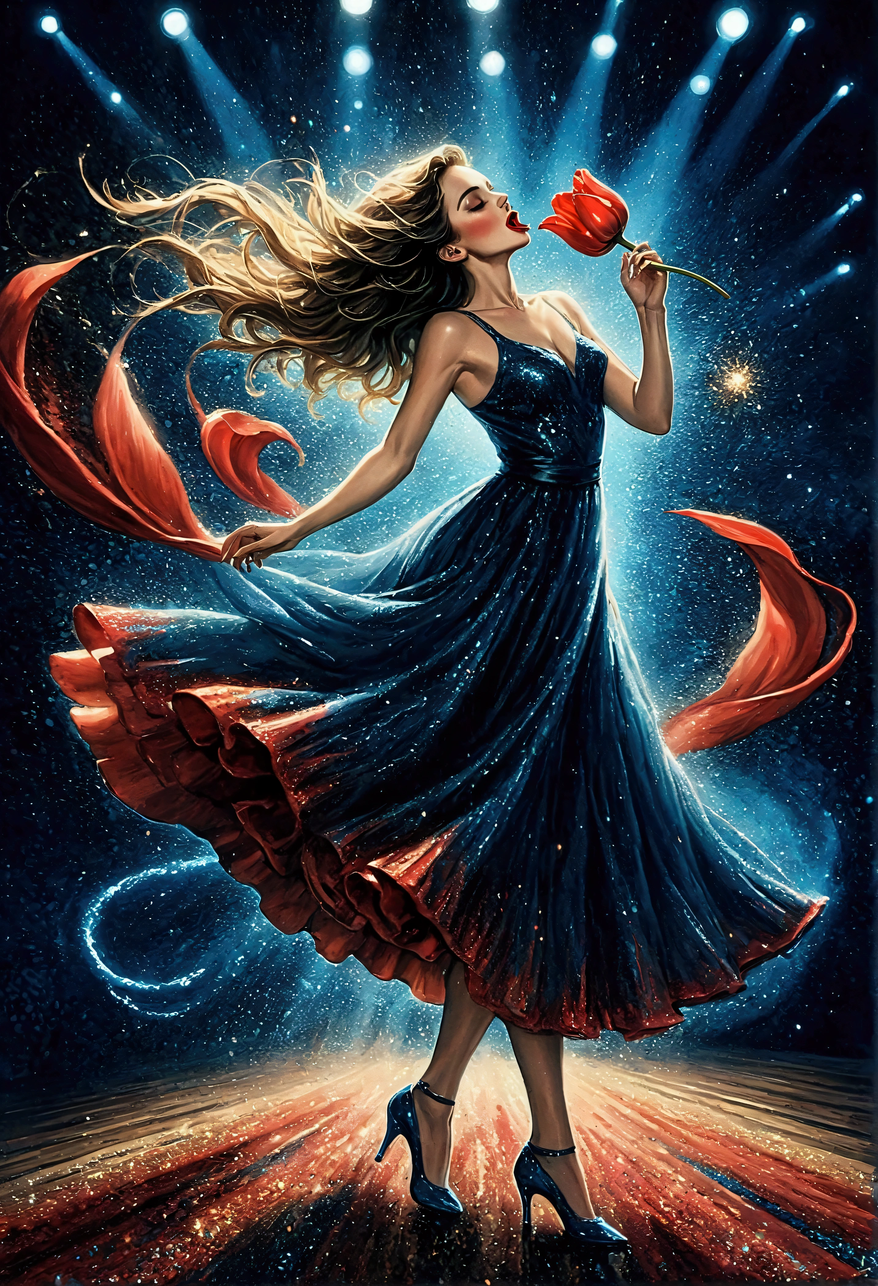 Illustration of Spanish dancer dancing passionately with one red tulip in her mouth, (Woman holding a tulip in her mouth:1.3), arms outstretched and spinning, glitter dress, high heels, smoke swirling in the background, illuminated by blue lights, Masterpiece,Best Quality, high Detailes, 8K