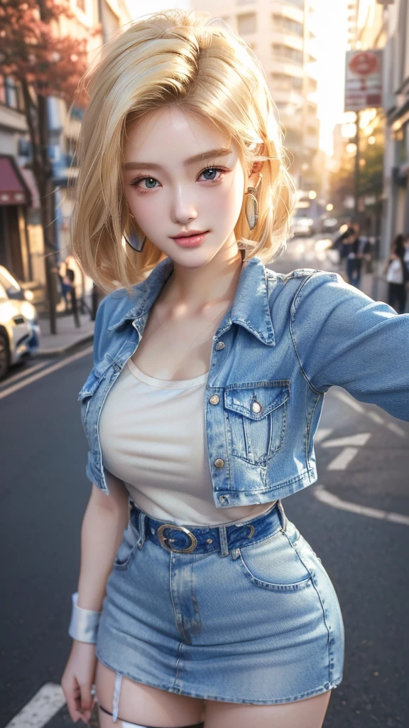 A blonde woman in a denim dress posing on a street corner, Realistic anime 3 d style, Real life anime girls, cropped shirt and jacket, Realistic. Chen Yi, Young and beautiful amoranthus, Photo of slim girl model, Realistic art style, Android 18, 2 4-year-old female model, Realistic artstyle, Young and pretty girl, hyper Realistic style