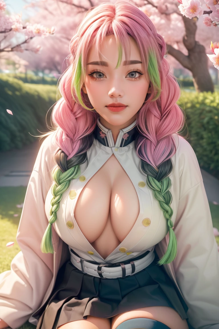 (((masterpiece)), (best quality:1.7), (detailed:1.4), (high res:1.4), 8k, (colorful:1.5), high resolution, sharped image, 4k, hd, (beautiful detailed background:1.2), (beautiful lighting:1.2), (highly detailed:1.2), perfect lighting, (8k wallpaper:1.2), (highly detailed:1.2), (extremely detailed CG:1.2), mitsuri_dms, 1girl, solo, green eyes, mole, mole under eye, green hair, pink hair, ((black_special_pupil)), eyelashes, thick eyelashes, braids, twin braids, hair between eyes, long hair, large breasts, skirt, black skirt, pleated skirt, belt, white belt, long sleeves, jacket, white jacket, thighhighs, green thighhighs, open clothes, zettai ryouiki, haori, demon slayer uniform, japanese clothes, cleavage, sitting, sakura trees, sakura, leaves, petals, ((blush)), (embarrased),