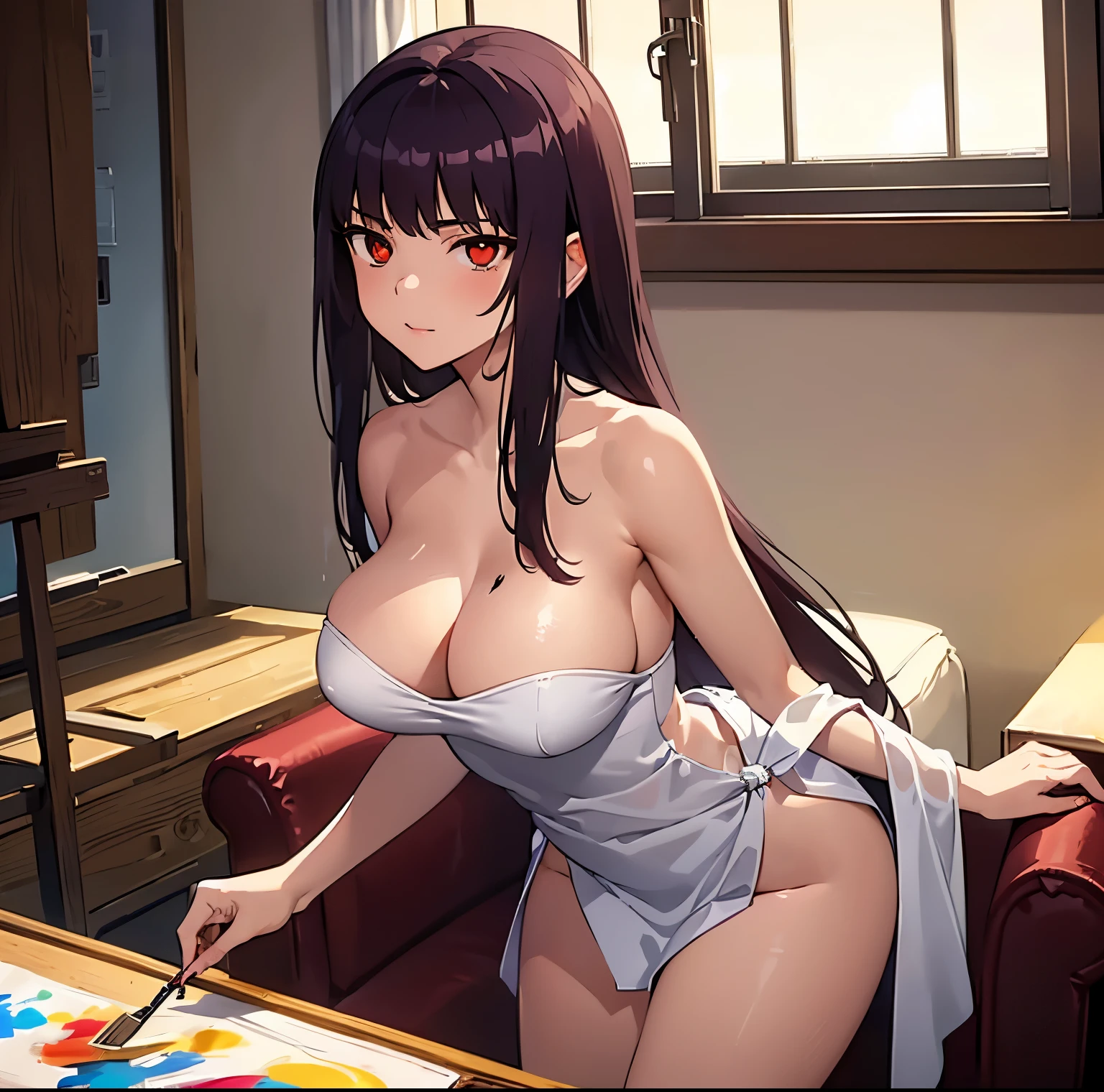 ((1girl)),((alone)),Sana sunomiya,(masterpiece), (best quality), (ultra detailed), (best illustration), (best shadow), (absurdities), sharp focus, cowboy shot ,atmospheric perspective, depth of field, dynamic posture looking at the viewer, large breasts, narrow waist, wide hips, wide thighs, round butt, erotic, romantic, (very detailed eyes, lips 1.1), very detailed eyes, eyes, very face detailed, Very beautiful face, full height, beautiful slim figure, femininity, expressive appearance, elastic big breasts, sexuality, long hair, bangs, dark purple hair, (red eyes:1.4), hime cut, (haggard eyes:1.5) , white towel tied around the waist, cleavage, bare arms, bare legs, curves, defined body, perfect and beautiful body, perfect and beautiful, closed mouth, smile, happy smile, blushing, (sexy pose: 1.2), (( solo)), standing: 1.3,((art room: 1.5, window: 1.5, sunset: 1.5, easel: 1.5, armchair:1.3, locker:1.4, painting:1.4)), looking forward, ((focus on ass)), point of view: (from middle), perfect anatomy, perfect hands