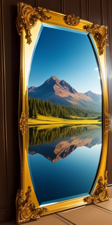 A shimmering mirror with a mystical landscape reflected within it. 