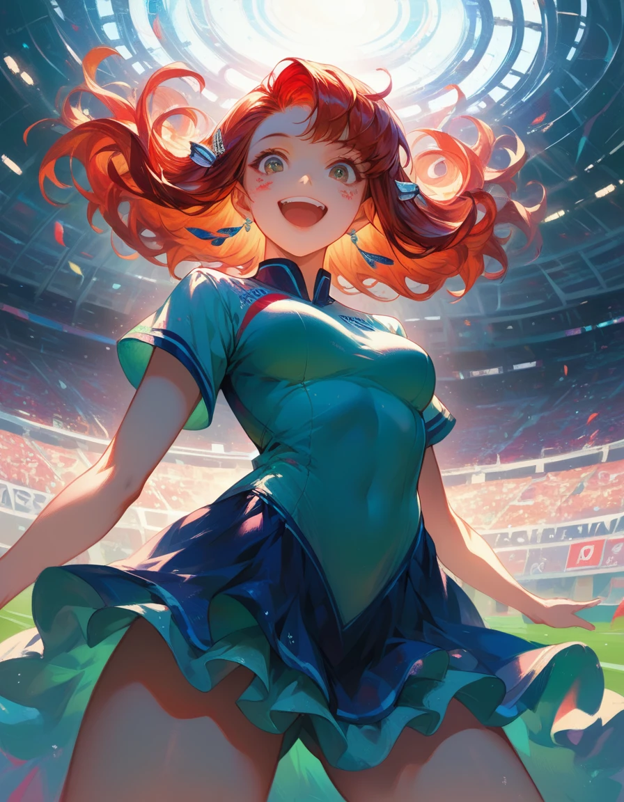 (masterpiece:1.4), (best quality:1.4), extremely detailed, intricate, hyper detailed, (PERFECT FACE), illustration,soft lighting, scenic, 1girl, happy, Vivid auburn hair, colorful, colorized, from_below ,fish_costume , stadium