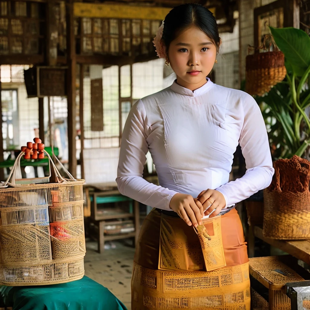 A portrait of a Burmese woman with an oval face shape and round cheeks, large expressive eyes with soft double eyelids, a gentle and modest nose, full lips with a natural reddish tint, and smooth, light to medium brown skin toneand with myanmar thanaka,myanmar outfit and walking in public softly.