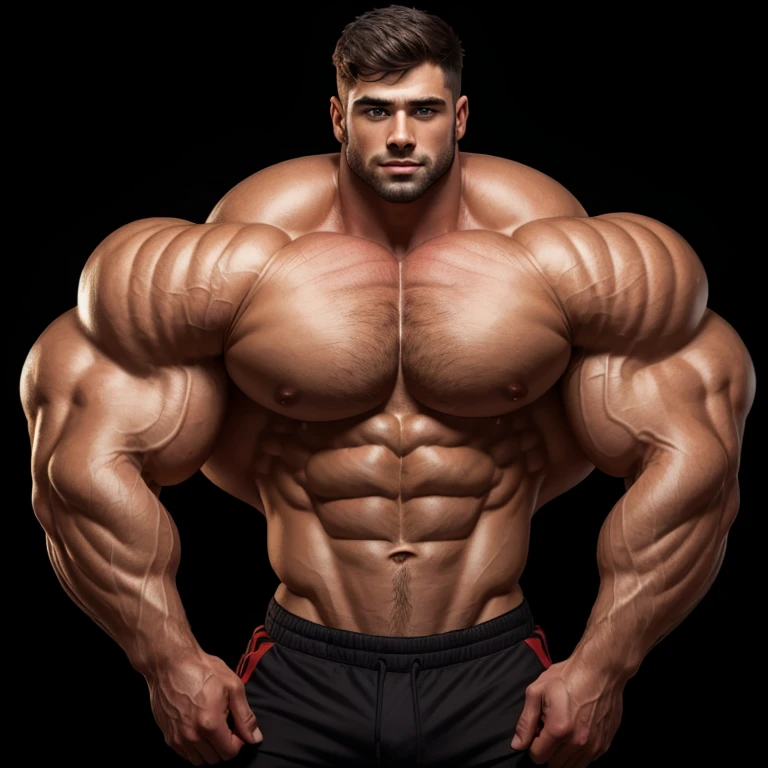 a very handsome shirtless young man, extremely gorgeous and handsome, massively muscular, with massively large muscles, on a black background