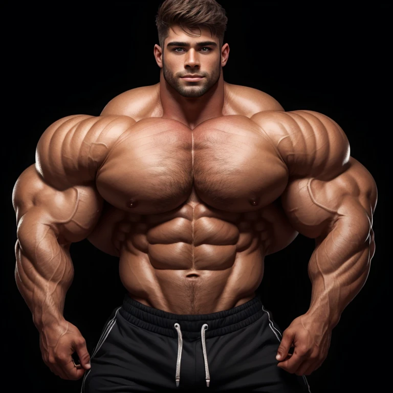 a very handsome shirtless young man, extremely gorgeous and handsome, massively muscular, with massively large muscles, on a black background