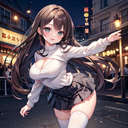 {Highest quality], [Super beautiful], [Ultra fine], [Best illustration], NSFW,Brown Hair, Hime cut, Long Hair, With bangs, girl,high school student,uniform,knit,skirt,smile, blush, Slender women, Adult women,Standing posture,(Public),Night Park,Summer festival,diagonal, Navy blue knee socks,Black Loafers、Stripes々
Panties、Panties in full view、