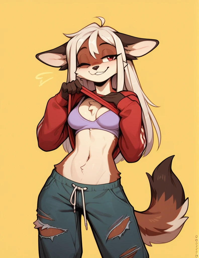 Half-closed eyes, smug smile , 1girl, anthro, furry, fur, fluffy fur, original character, any animal, trying to lift her sweatshirt to show you her bra, one closed eye, baggy pants, torn pants, bedroom background, score_9, score_8_up, score_7_up, score_6_up, score_5_up, score_4_up