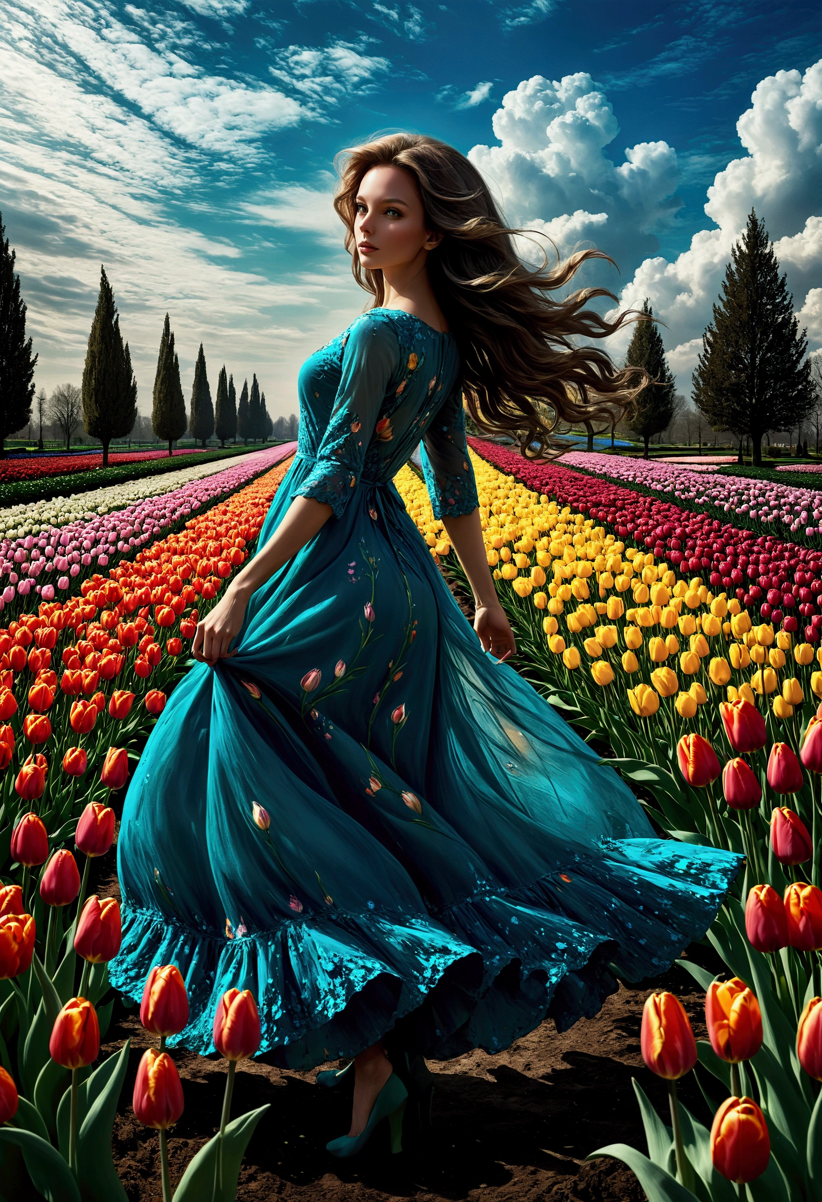 Beautiful woman, long hair, loose curls, graceful pose, the dress made of tulips, tulips in 10 colours, vibrant colours, silhouette flowing along body, graceful pose, flower garden, mysterious atmosphere, detailed petals, graceful, elegant, flower garden, sky, clouds, sophisticated, digital art, artwork, HDR, Masterpiece, Best Quality, high Detailes, 8K