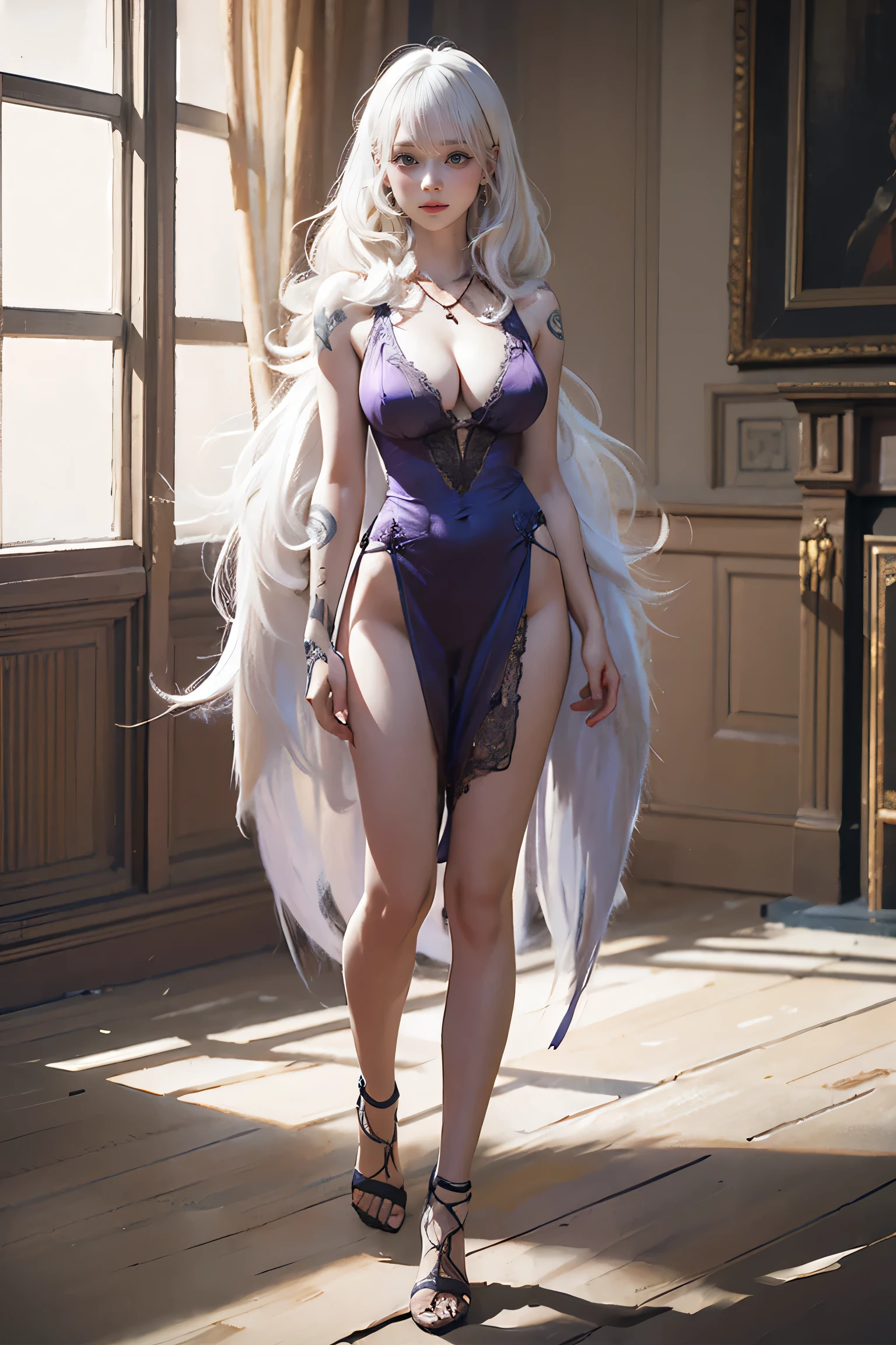 ((Woman with tattoo on chest)), girl, ((long white hair with bangs,,, Black strands of hair)), Purple eyes, White T-shirt and white cape, Pendant around the neck. 超High resolution.Realistic. 超High resolution.Realistic:1.4,超High resolution. Realistic,High resolutionで, masterpiece, Highest quality, Very detailed, Better Shadows, Volumetric lighting), super high quality, High resolution, 8k, Ultra-Realistic Portraits , Realistic, Dynamic Lighting, Volumetric lighting, Very detailed顔,(Browsing Caution:1.0), Full Body Stand Posture, Thin legs, ((Large Breasts)), Detailed facial details, Natural and beautiful standing posture,
